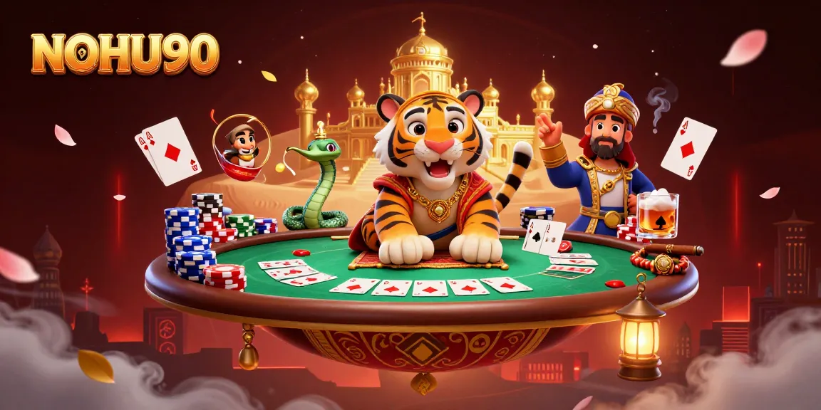 Experience the excitement of NOHU90 with a 3D casino scene featuring vibrant characters and dynamic gambling elements.