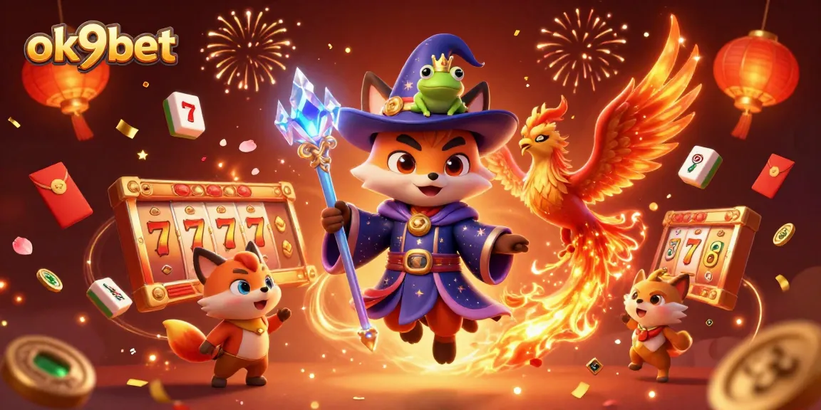 Engage with thrilling games at ok9bet, featuring a vibrant 3D casino illustration with exciting characters.