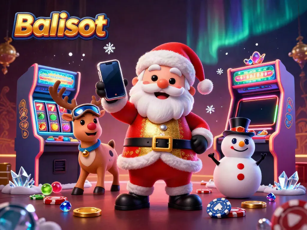 Balislot jackpot scene featuring Santa, a reindeer, and a snowman in a vibrant casino setting