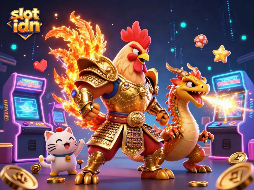 Engage in thrilling action with slot idn, featuring a rooster warrior and dragon amidst vibrant gaming elements.