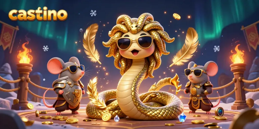 Engage with Medusa and a warrior mouse in a casino-themed 3D illustration filled with gold coins and dynamic elements.