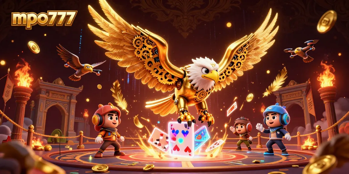 Experience exciting gameplay with mpo777, where a golden eagle dives through holographic cards in a rich casino scene.