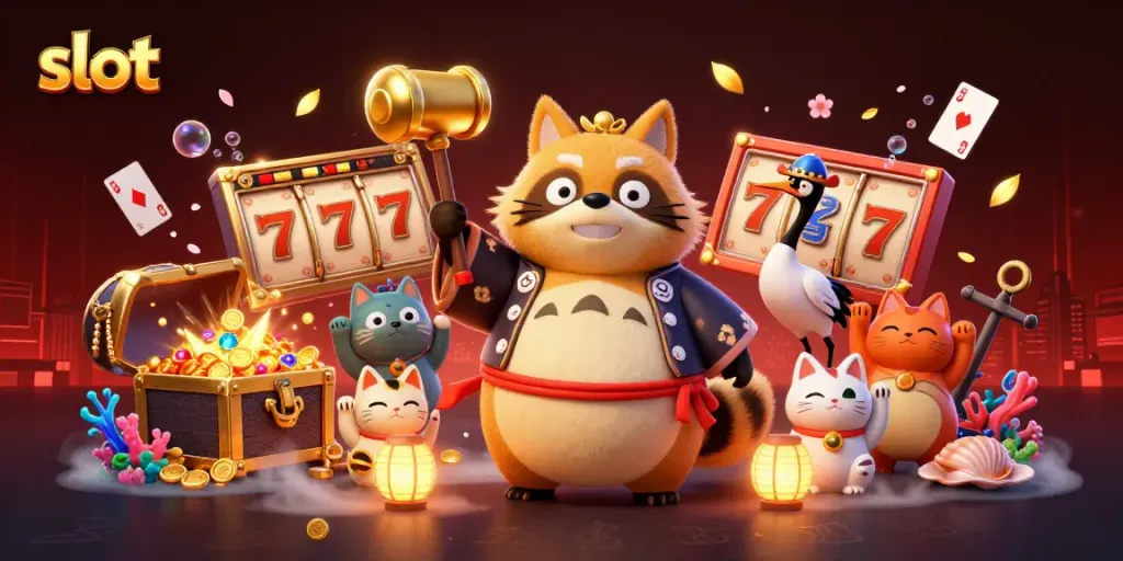 Menangkan slot dengan tanuki beruntung dan kucing maneki-neko di ilustrasi kasino 3D.