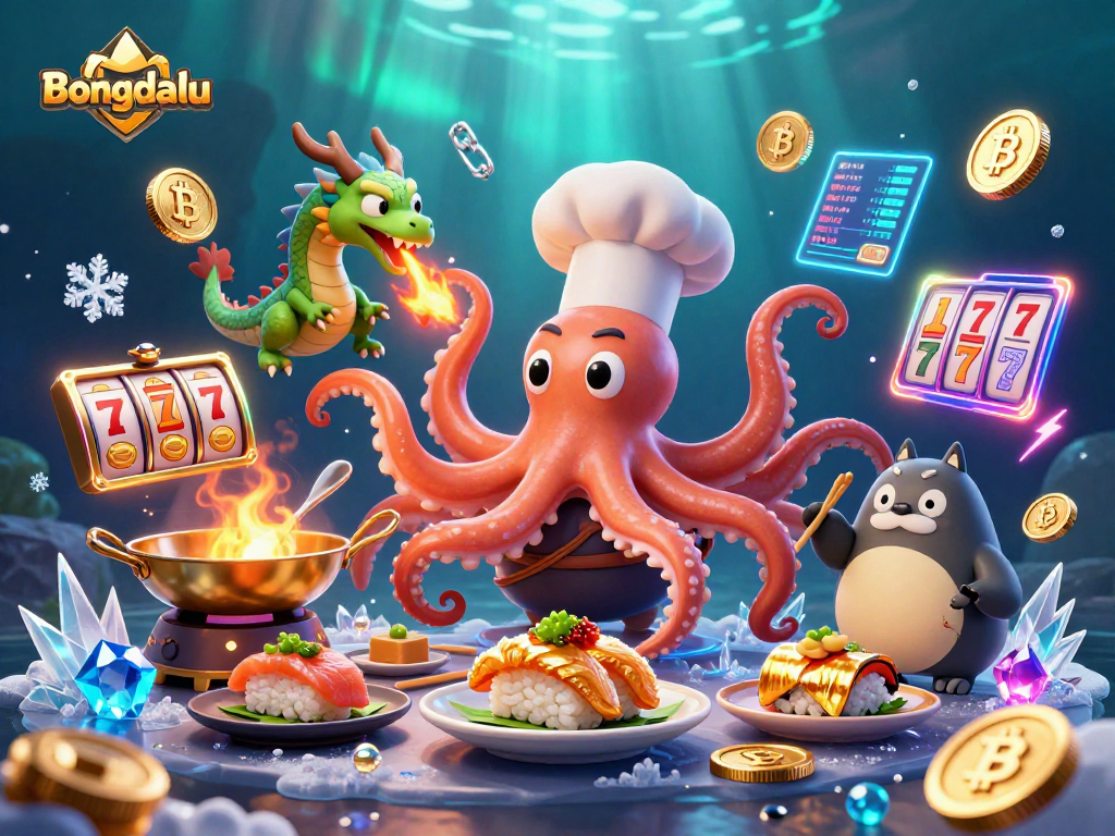 Bongdalu offers a vibrant underwater casino scene with a sushi octopus, dragon, and tanuki amidst animated slot elements.