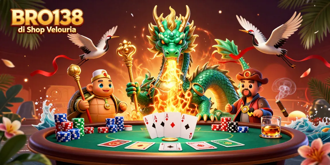 Discover the thrill of BRO138 di Shop Velouria with a vibrant 3D illustration of a dragon and poker elements.