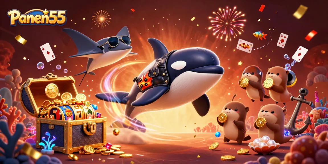 Panen55 showcases an exciting casino scene with a cartoon orca and friends celebrating winnings.