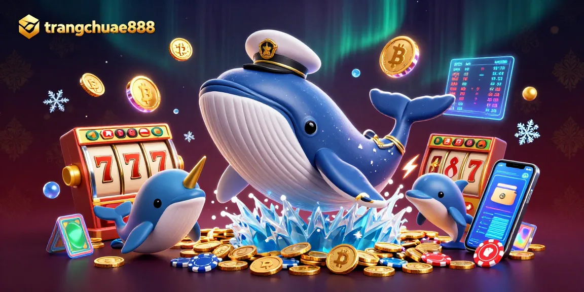 Engage in thrilling casino adventures with trangchuae888, featuring a playful scene of a whale and dolphins surrounded by jackpots and crypto elements.