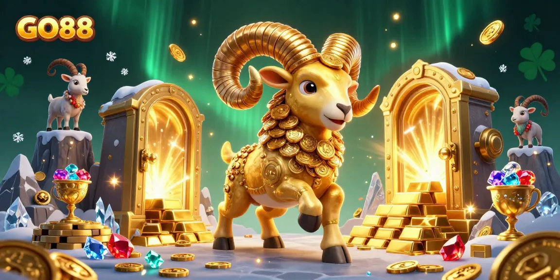 Experience GO88's thrilling gaming scene with a golden ram charging at a treasure vault, symbolizing jackpot excitement.