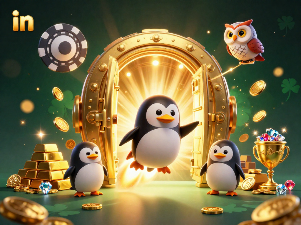 Win big in this vibrant 3D scene of a rocket-powered penguin amidst casino treasures.