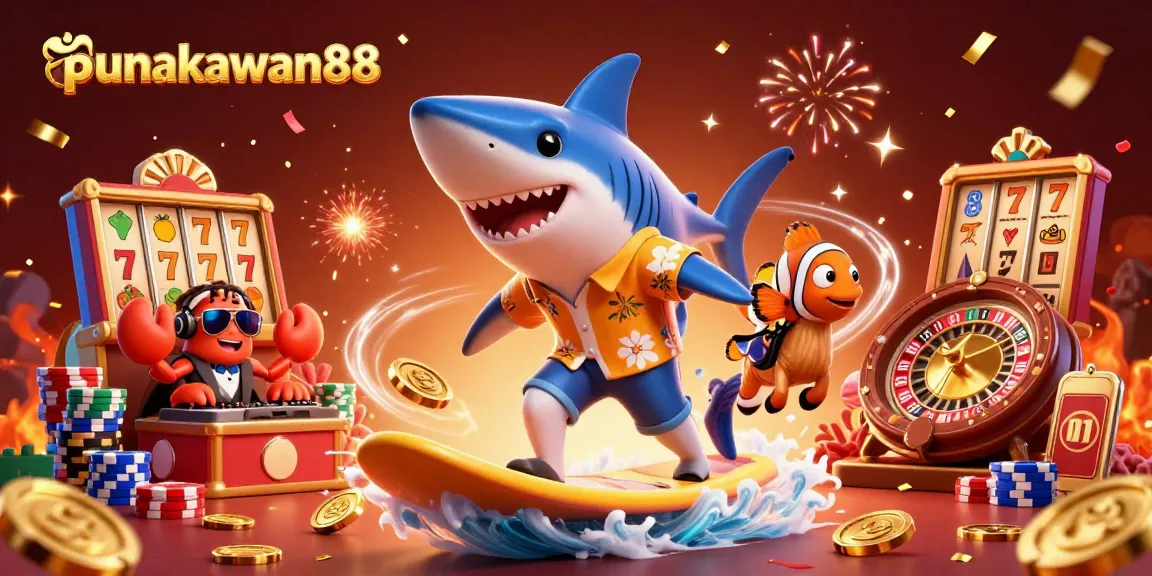 Experience thrilling gaming with punakawan88, featuring a playful shark amidst slots and poker elements.