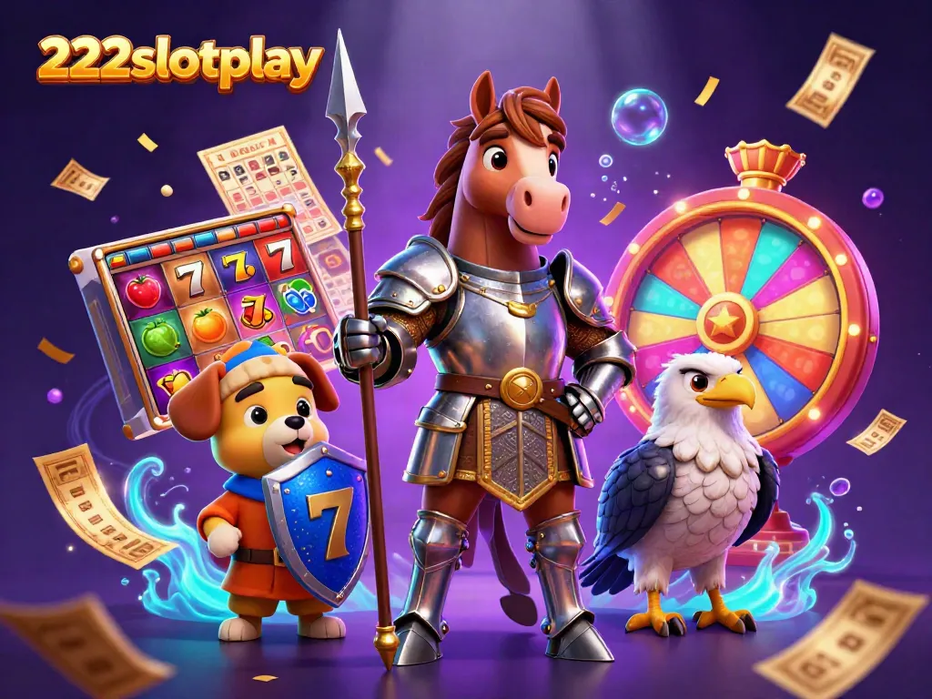 Kembangkan pengalaman bermain 222slotplay dengan ilustrasi karakter kesatria, pelayan, dan elang yang dinamis dalam lingkungan kasino.