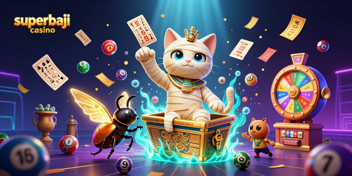 Experience thrilling moments at superbaji casino with a 3D Egyptian mummy cat and vibrant lottery elements.