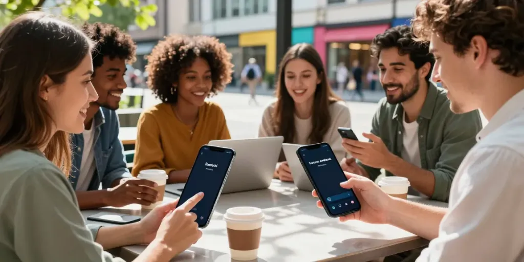 Engaged users interacting with the 予測市場 アプリ in an outdoor café, surrounded by friends and vibrant city life.