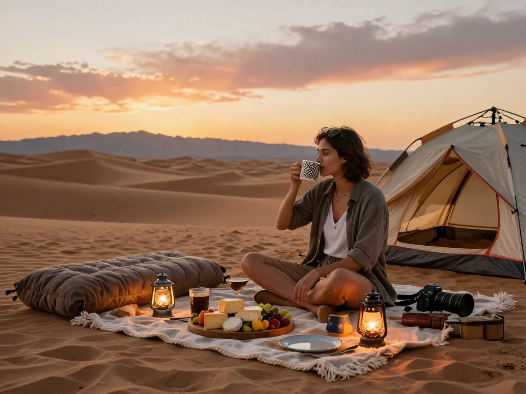 Pengalaman glamping mewah LUXURY111 di gurun, menikmati pemandangan dan kopi dalam suasana tenang.