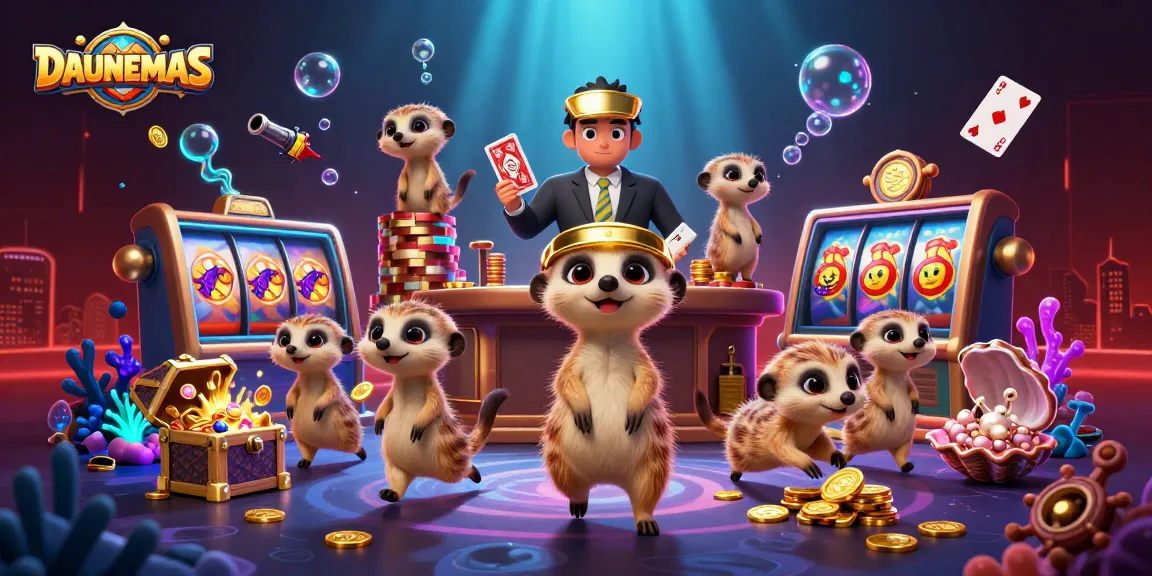 Engage with DAUNEMAS as a vibrant merger of gaming and nature, featuring playful meerkats in a bustling casino scene.