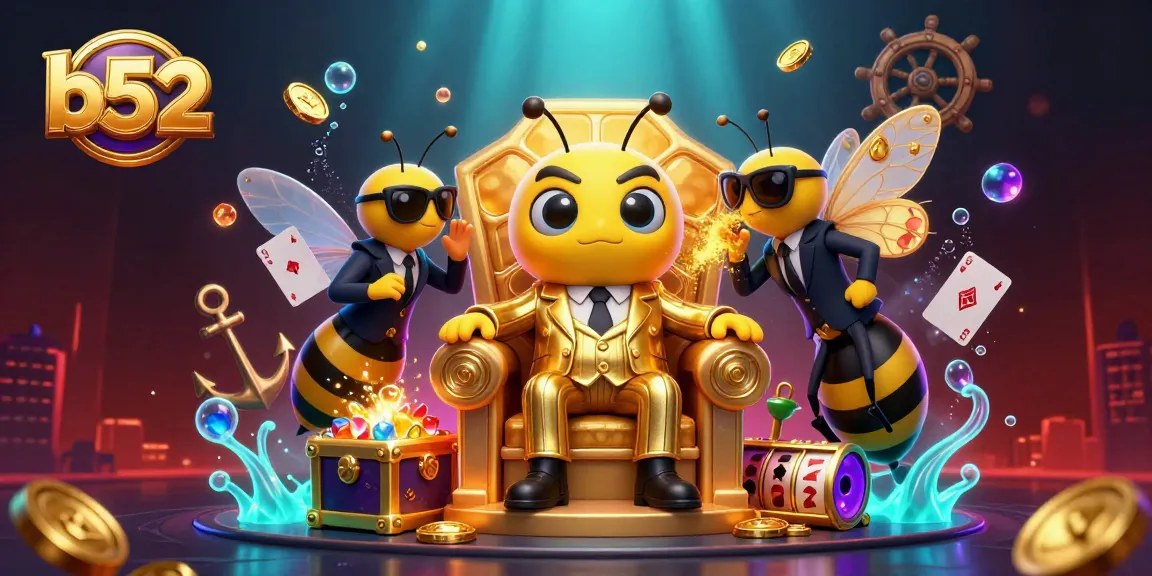 Play lucky slots and win at b52 in this vibrant casino-themed illustration featuring fun characters.