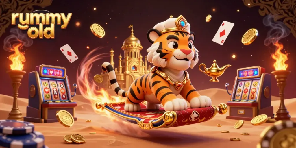 Permainan rummy old dengan karakter sultan harimau dan elemen kasino yang dinamis.