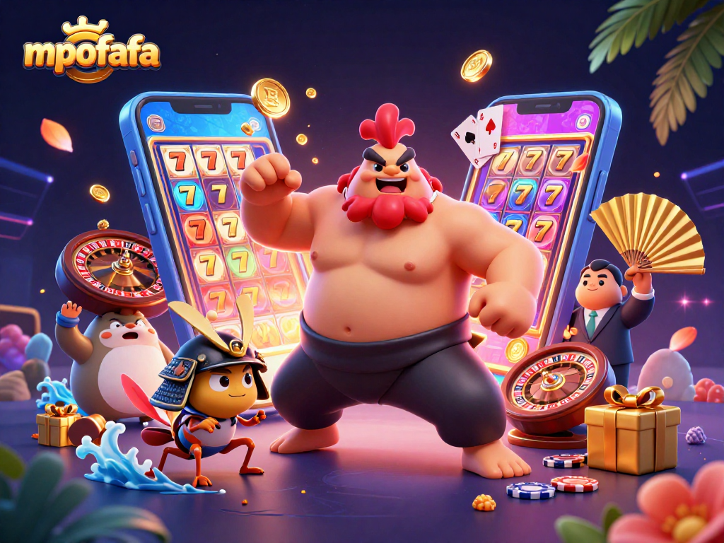 Experience mpofafa's exciting slot gameplay with a sumo rooster, samurai cricket, and announcing tanuki in vibrant 3D.