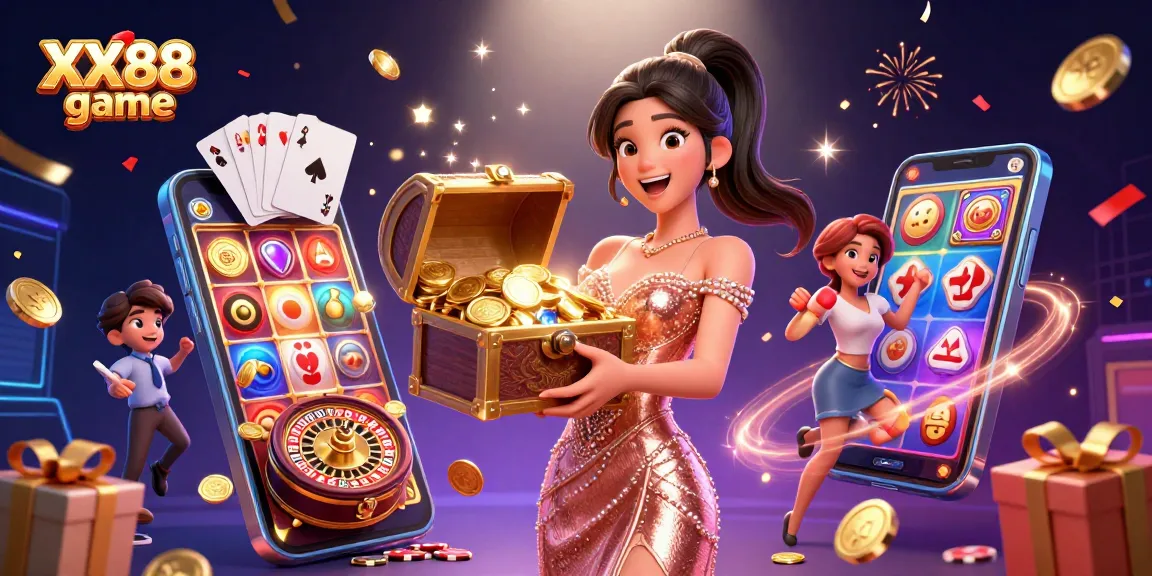 Experience the excitement of XX88 game with a stunning treasure scene filled with coins and slot games.