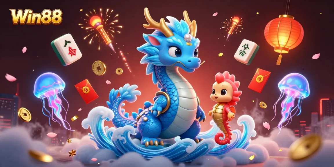 Win88 showcases a lively 3D casino scene with a dragon, seahorse knight, and jellyfish.