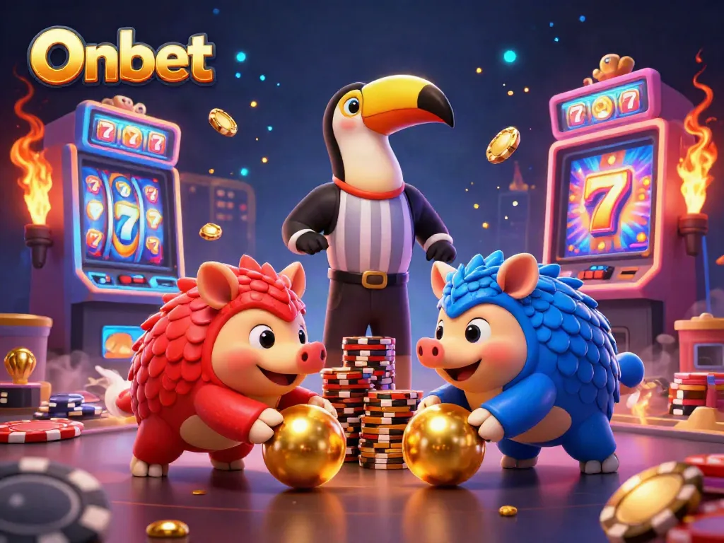 Experience excitement on Onbet as rival pangolins roll golden balls in a thrilling casino scene.