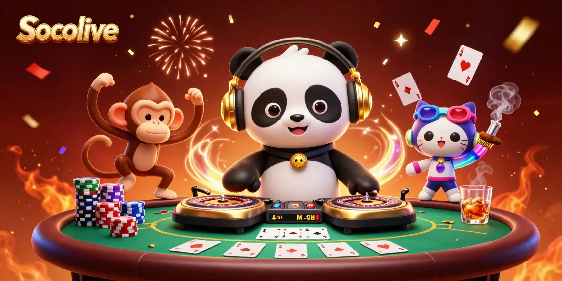 Socolive offers a vibrant DJ panda and revving panda amidst a bustling casino scene packed with poker action.