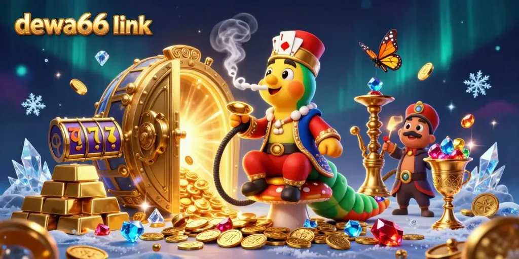Play exciting games with dewa66 link, featuring a vibrant casino scene full of treasures and symbols.