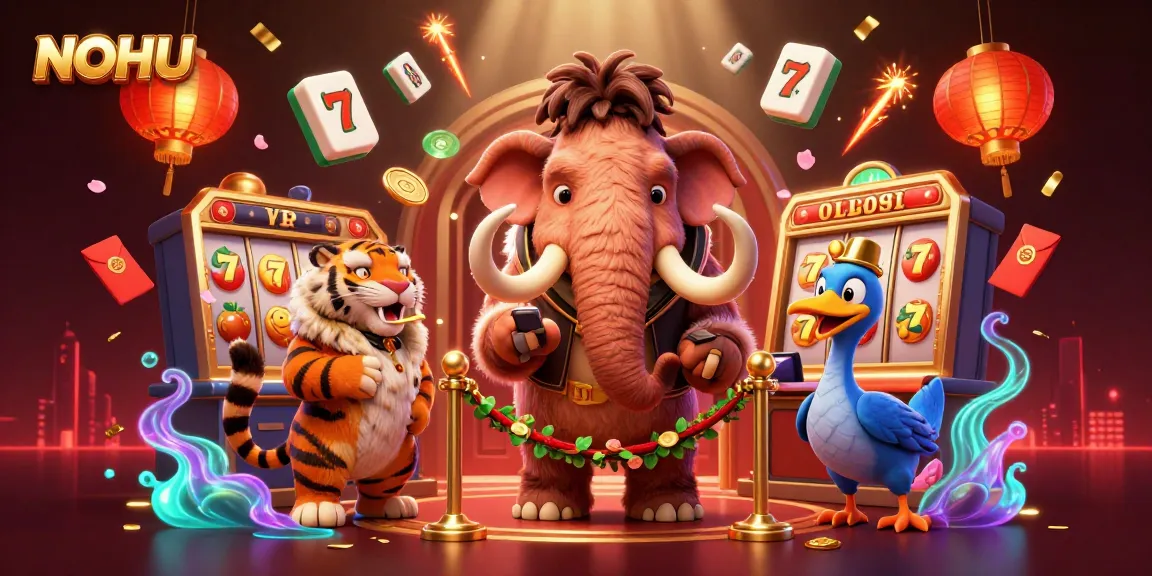NOHU showcases a vibrant casino scene with a woolly mammoth bouncer, saber-tooth tiger VIP, and dazzling game elements.