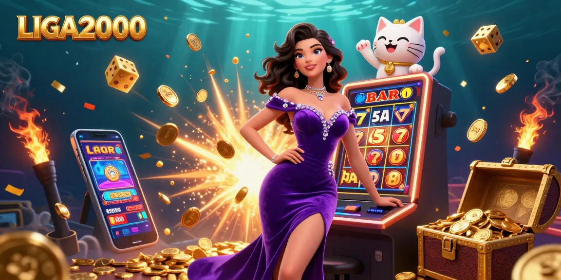 LIGA2000 menampilkan kegembiraan kasino dinamis dengan seorang wanita beruntung di mesin slot jackpot, dikelilingi oleh koin dan elemen pesta.