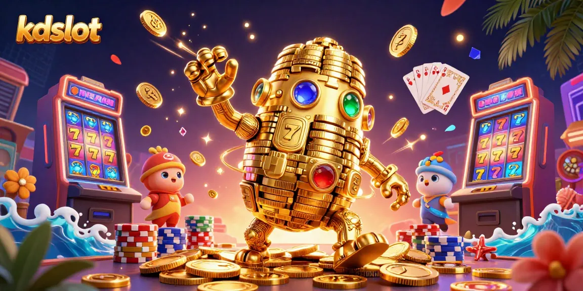 Experience kdslot with a golden golem amidst cascading coins and vibrant slot game elements.