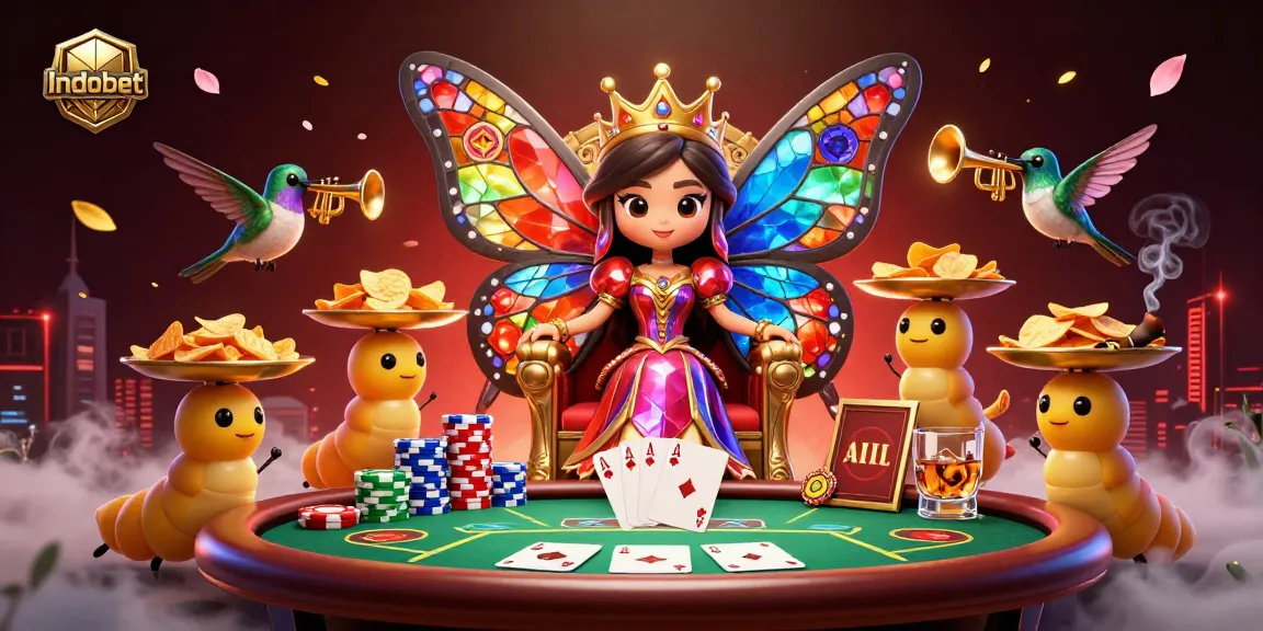 Indobet menghias ilustrasi kasino 3D cerah dengan ratu kupu-kupu dan elemen poker.