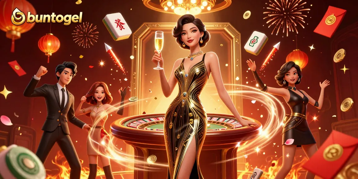 Experience thrilling buntogel gameplay with elegant characters in a vibrant casino atmosphere full of festive elements.