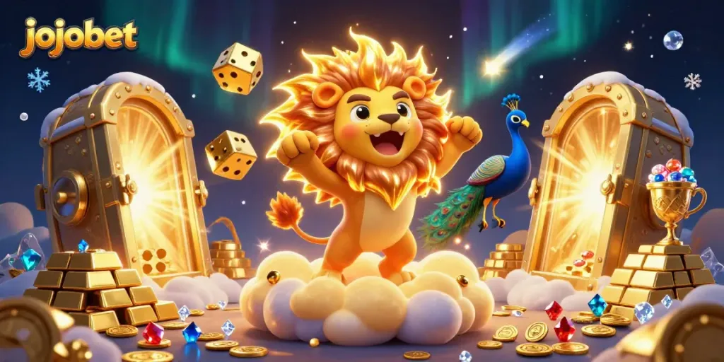 Experience thrilling wins with Jojobet's vibrant casino scene featuring golden treasures and lively characters.