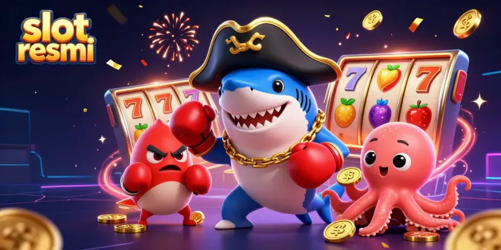 Experience the thrill at slot resmi with cartoon characters, slot reels, and money raining down.