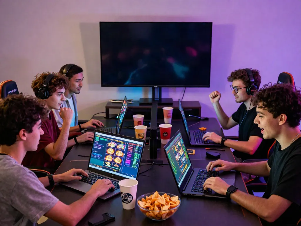 Friends enjoying akunjp online gaming session at a vibrant table.