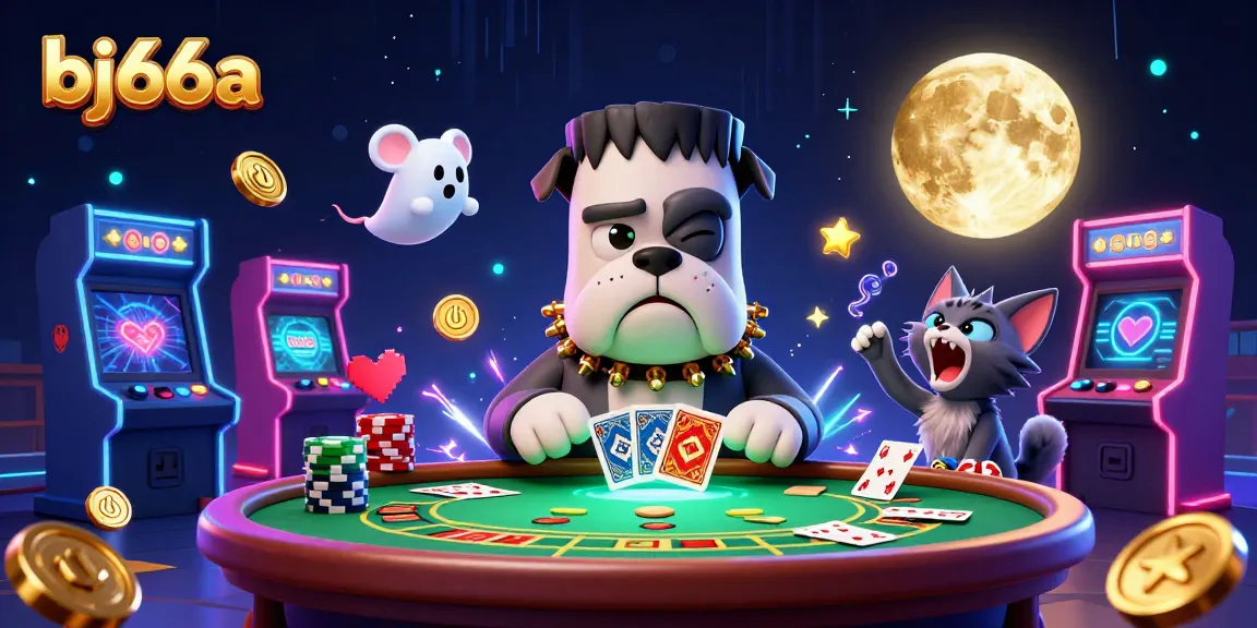 Engage with bj66a's lively casino scene featuring a Frankenstein bulldog and ghost mouse in action.