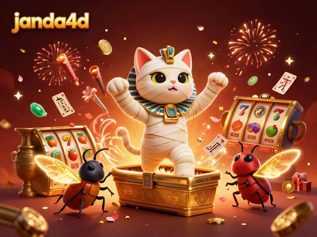 Janda4d menampilkan kucing mummy 3D dalam kasino piramida, simbol slot, dan efek kembang api yang ceria.