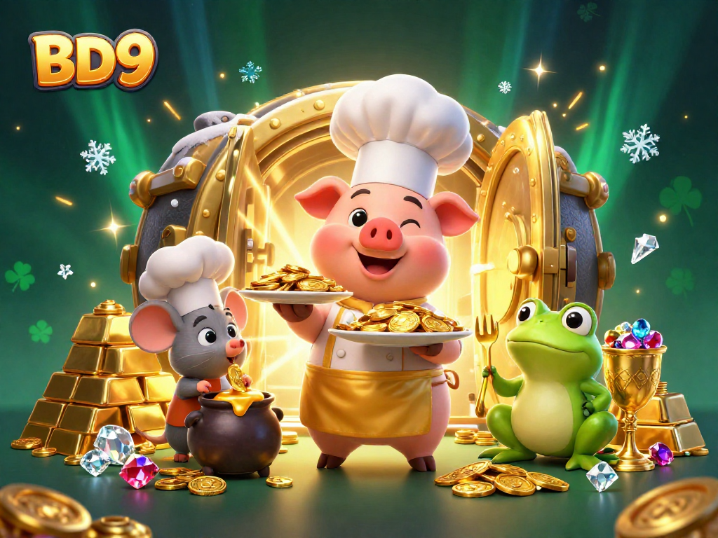 Experience high-stakes gaming at BD9 with gourmet gold coins in a vibrant casino scene.