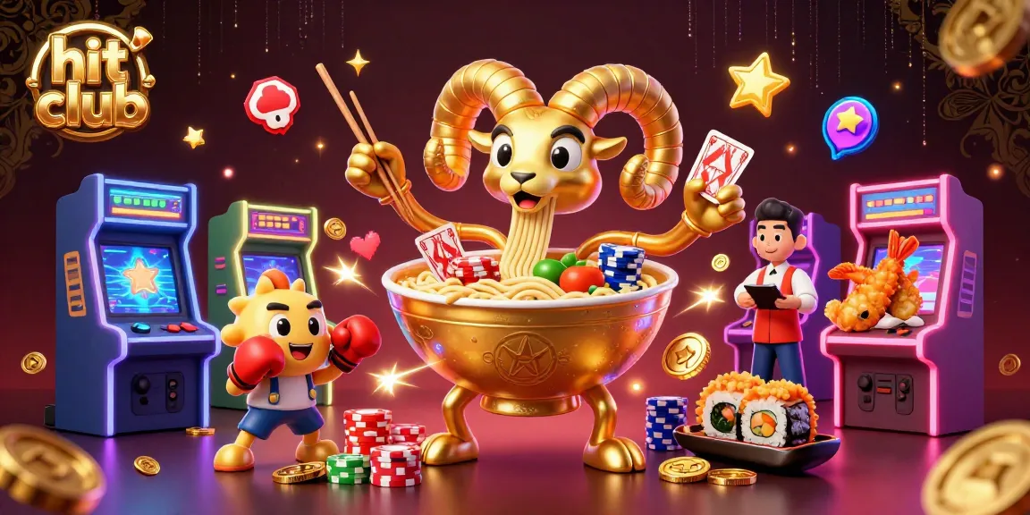 Hit club's vibrant scene with a golden ramen bowl dealer, colorful arcade elements, and cheerful gambling motifs.