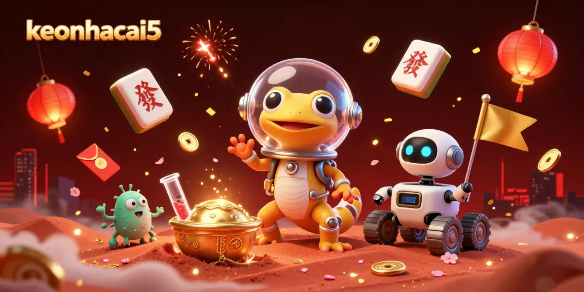 Experience keonhacai5's dynamic casino adventure featuring a Martian gecko and celebratory alien elements.