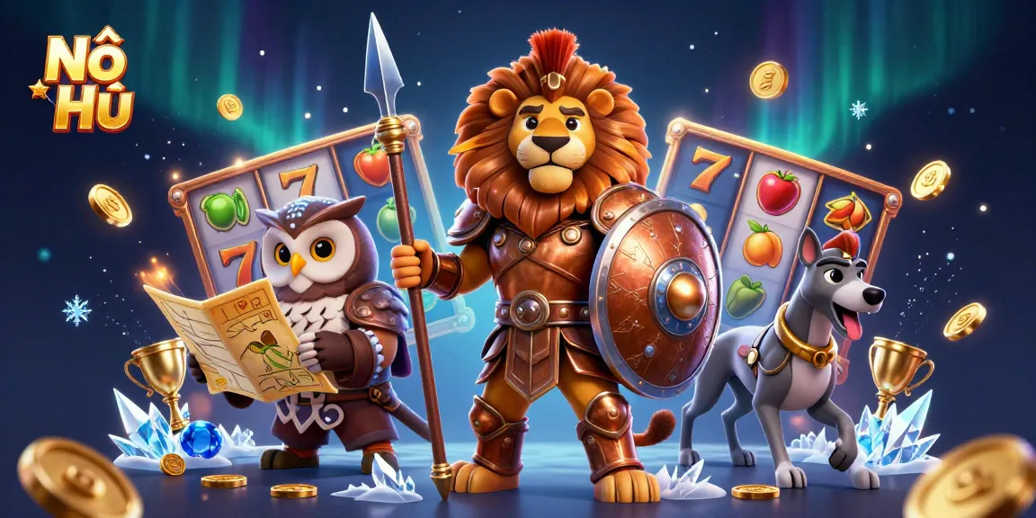 Nổ Hũ jackpot scene featuring a heroic lion, owl strategist, and greyhound messenger amidst dynamic slot elements.