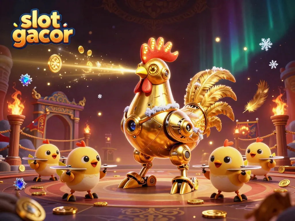 Slot gacor digambarkan dengan karakter robot ayam emas dan drone anak-anak, dikelilingi efek kasino yang menarik.