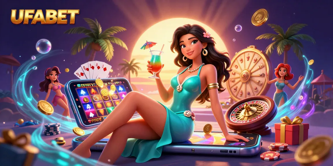 Spin the reels at UFABET with an engaging tropical casino atmosphere filled with vibrant game elements.