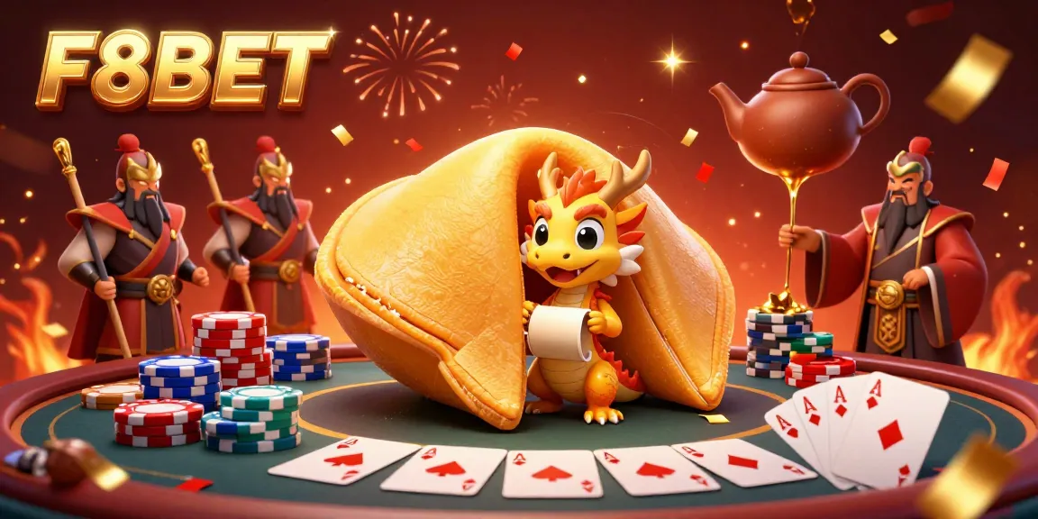 Experience excitement with F8BET's vibrant 3D casino scene showcasing games, fortune cookies, and lively characters.