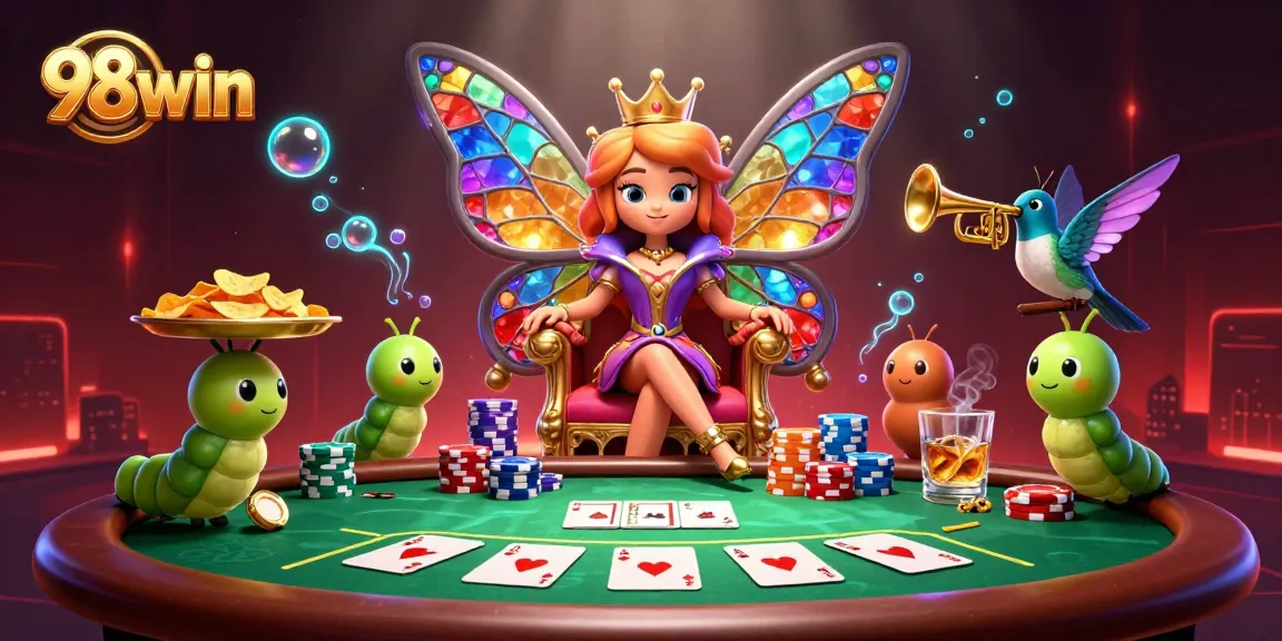 Experience thrilling poker gameplay with 98win's vibrant casino illustration filled with colorful elements.
