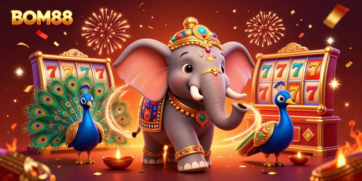 BOM88 engages players with a dazzling illustration of a casino elephant, slot reels, and vibrant celebrations.