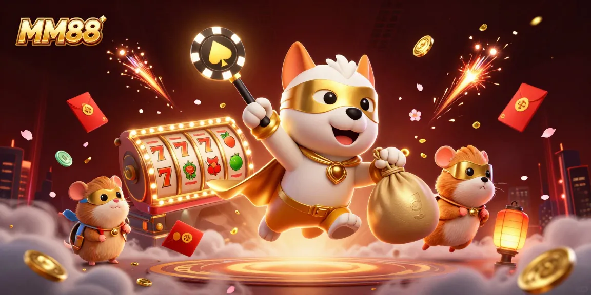 Experience the excitement of MM88 with a cartoon superhero dog and lucky gaming symbols.