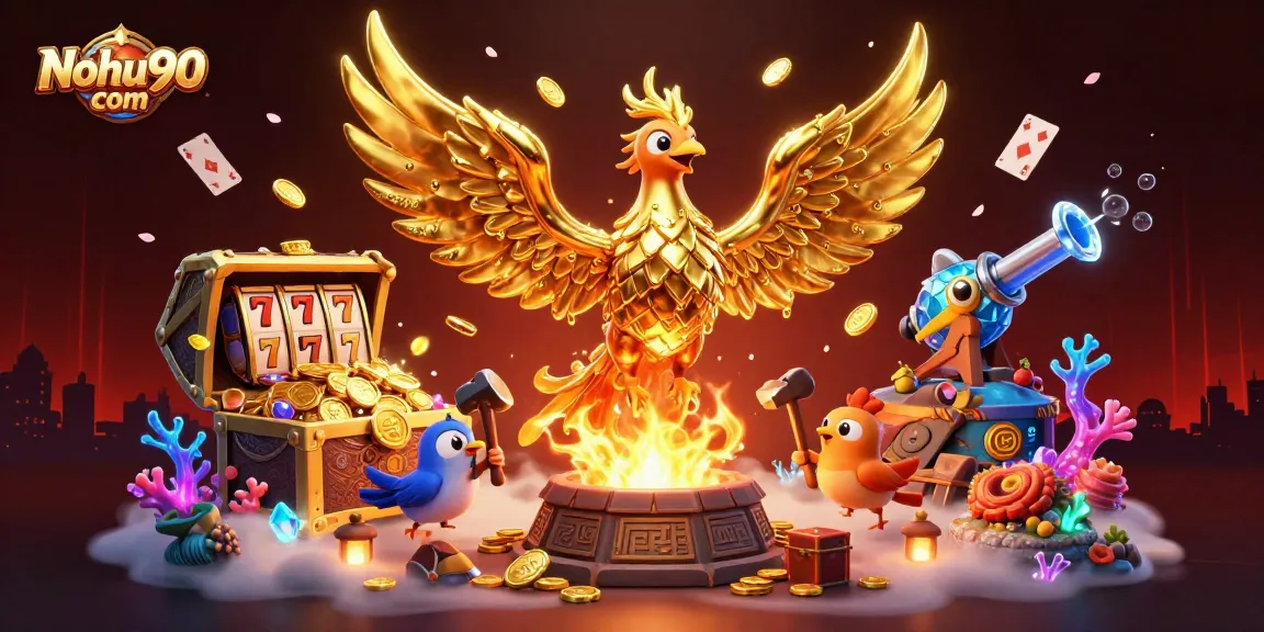 Nohu90 com showcases a vibrant scene with a molten golden phoenix, slot reels, and treasure chests, illuminating the casino experience.