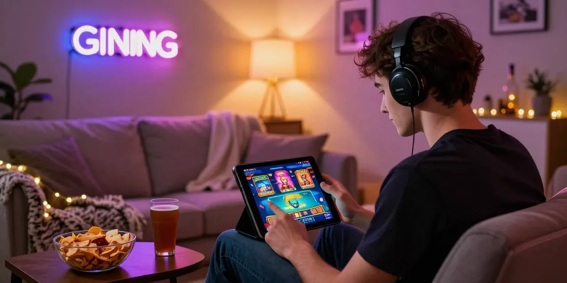 Enjoying casino games at home with Slots PK app on tablet, vibrant and engaging environment visible.