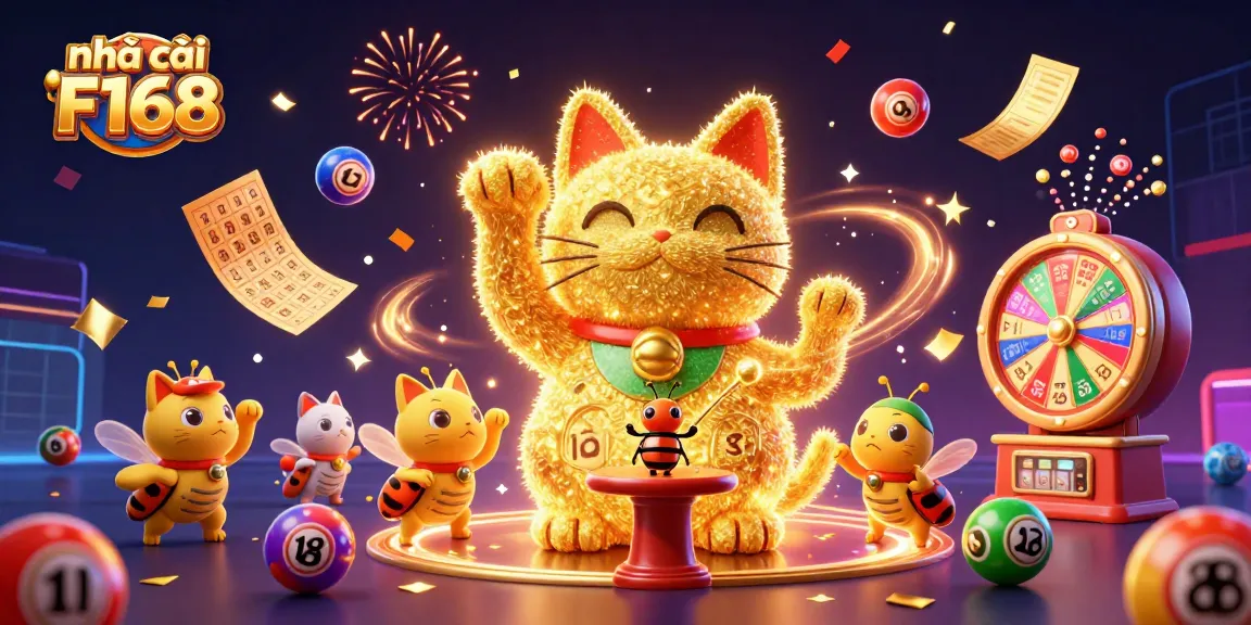 Play and win at nhà cái F168 with a vibrant illustration of a lucky cat surrounded by dynamic casino symbols and lottery elements.